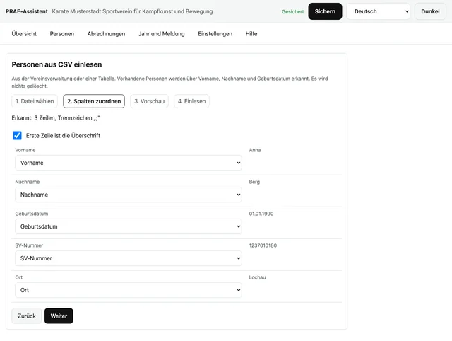 Schritt 2 des CSV-Imports: Spalten zuordnen mit Vorschlag aus der Überschrift