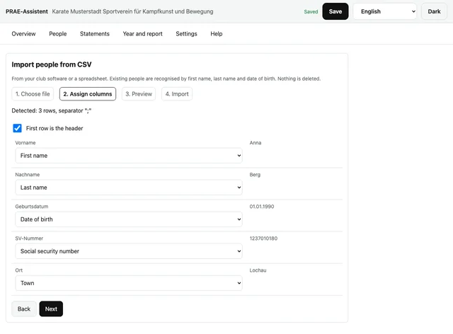 Step 2 of the CSV import: assigning columns with a proposal from the header