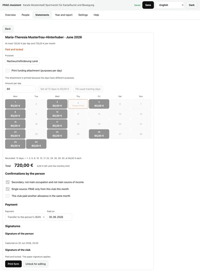 The calendar of a monthly statement with entered days and public holidays