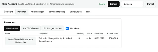 Die Personenliste mit Tätigkeit, Meldung, Status und Summe des Jahres