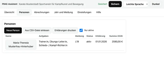 Die Liste der Personen.
Du siehst Aufgabe, Meldung, Status und Summe.