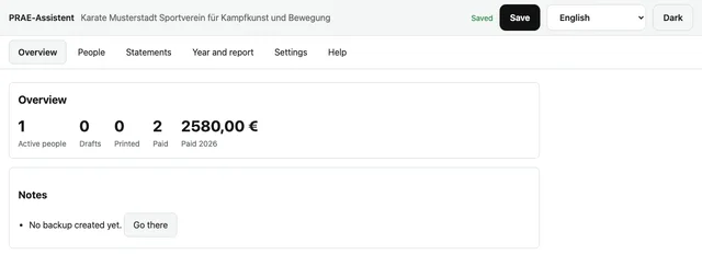The overview of the app with the year's key figures, open statements and hints