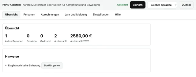 Die Übersicht.
Hier siehst du die Zahlen vom Jahr und offene Abrechnungen.
